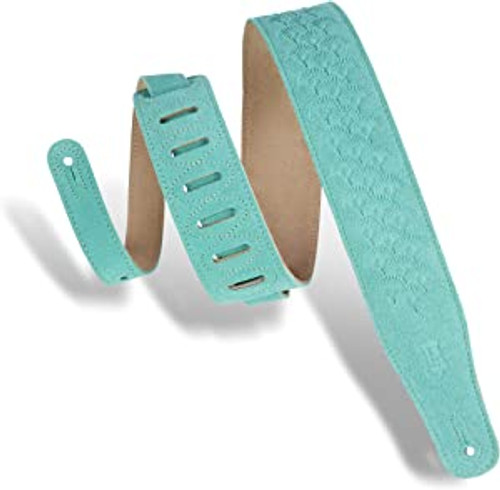 Levy's 2 1/2" Suede Leather Guitar Strap With Natural Suede Leather Backing, Features Dandelion Emboss Pattern. Adjustable from 43" to 56". Seafoam Suede Color. Natural Backing.