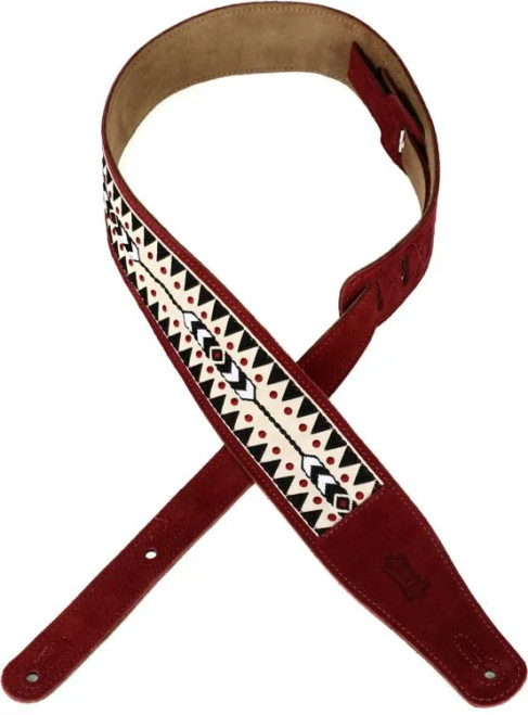 Levy's 2 1/2" Suede Leather Guitar Strap with Suede Leather Backing. Woven Fabric Overlay. Adjustable from 43" to 56". Two-ply Burgundy Color Suede Top and Natural Suede Back.