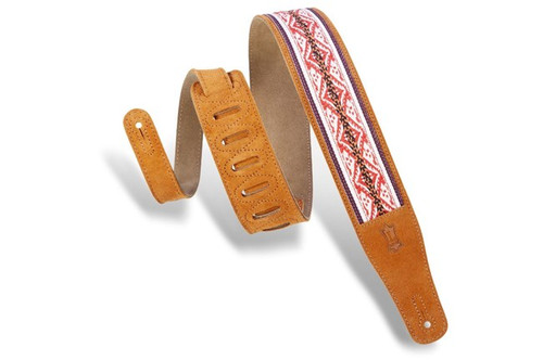 Levy's 2 1/2" Suede Leather Guitar Strap with Suede Leather Backing. Woven Fabric Overlay. Adjustable from 43" to 55". Two-ply Honey Color Suede Top and Natural Suede Back.