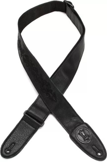 Levy's 2" Black Garment Leather Guitar Strap With Black Embroidery Design, Polypropylene Webbing Backing, And Tri-glide Adjustment. Adjustable To 55"