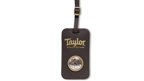 Taylor, Leather Luggage Tag w/Concho, Chocolate Brown, Gold Logo
