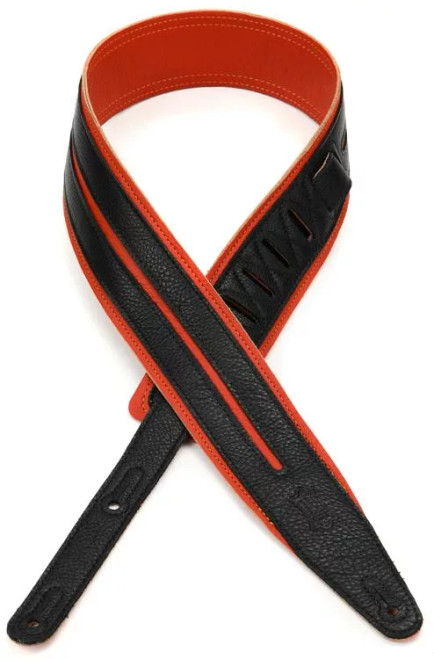 Levy's 2 1/2" Garment Leather Guitar Straps with Garment Leather Backing and Garment Double Racing Stripe Overlay. Padded and Adjustable from 46" to 60". Orange Garment Top and Bottom With Black Racing Stripes (MG317DRSORGBK)