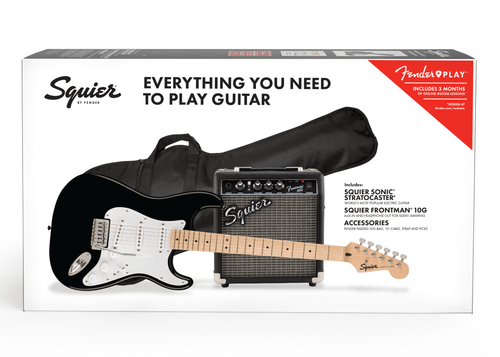 Fender Squier Sonic Stratocaster Pack, Maple Fingerboard, Black, Gig Bag, 10G - 120V