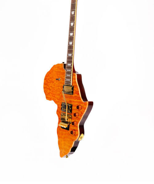 Instruments of Africa Kinshasa Deluxe Carved African landscape w/Tweed HSC Quilted maple top, RW fingerboard