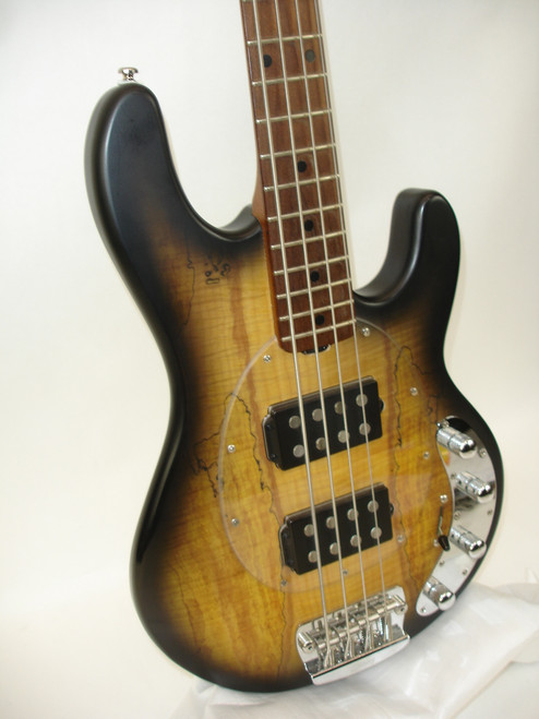 Sterling By Music Man StingRay Ray34HH Spalted Maple Top 4-String Electric Bass Guitar, Maple Fingerboard, Natural Burst Satin - Previously Owned