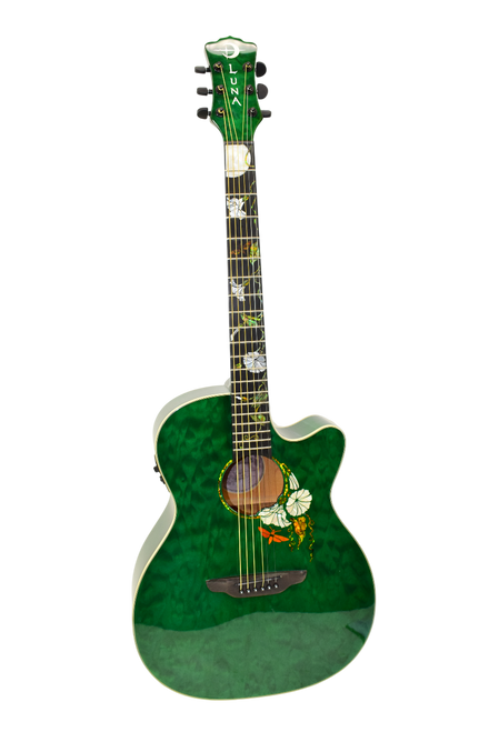 Luna Flora Moonflower Folk Acoustic Electric Guitar, Transparent Mallard - Previously Owned