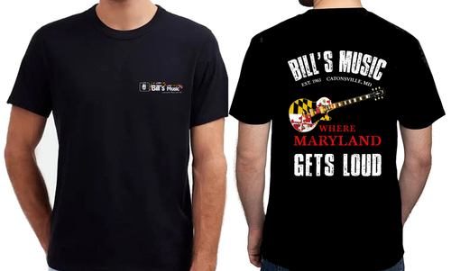 Where Maryland Gets Loud T-Shirt | Bill's Music MD Guitar Logo (Black)