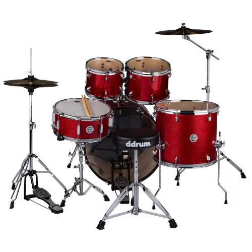 DDrum D2-5 Piece Drum Set with Cymbals and Throne, Red Sparkle
