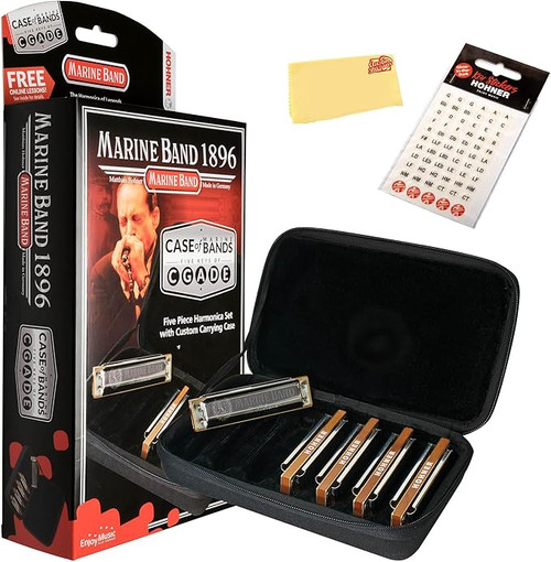 Hohner MBC Marine Band 1896 Harmonica - 5 Pack Bundle with Case, Key Stickers, and Austin Bazaar Polishing Cloth