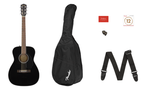 Fender CC-60S Acoustic Guitar Concert Pack V2, Black Finish, w/ Picks, Strap, Strings and Fender Gigbag