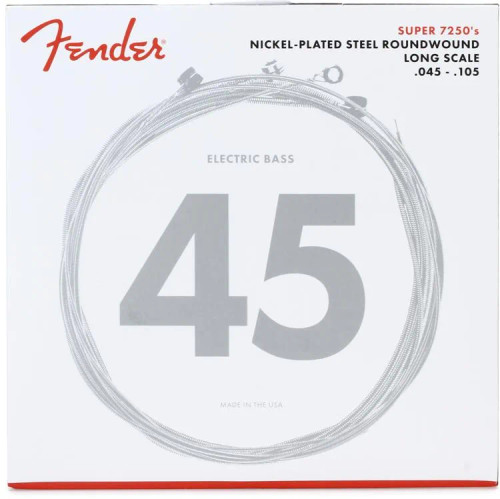 Fender 7250 Bass Strings, Nickel Plated Steel Long Scale, 7250-5M .045-.125 Gauges, (5)