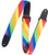 Levy 1 1/2 inch Wide Kids Guitar Strap Printed With Diagonal Rainbow Design And Black Garment Leather Ends. Black Plastic Slide and Loop Adjusts from 28.5 to 49 inches.