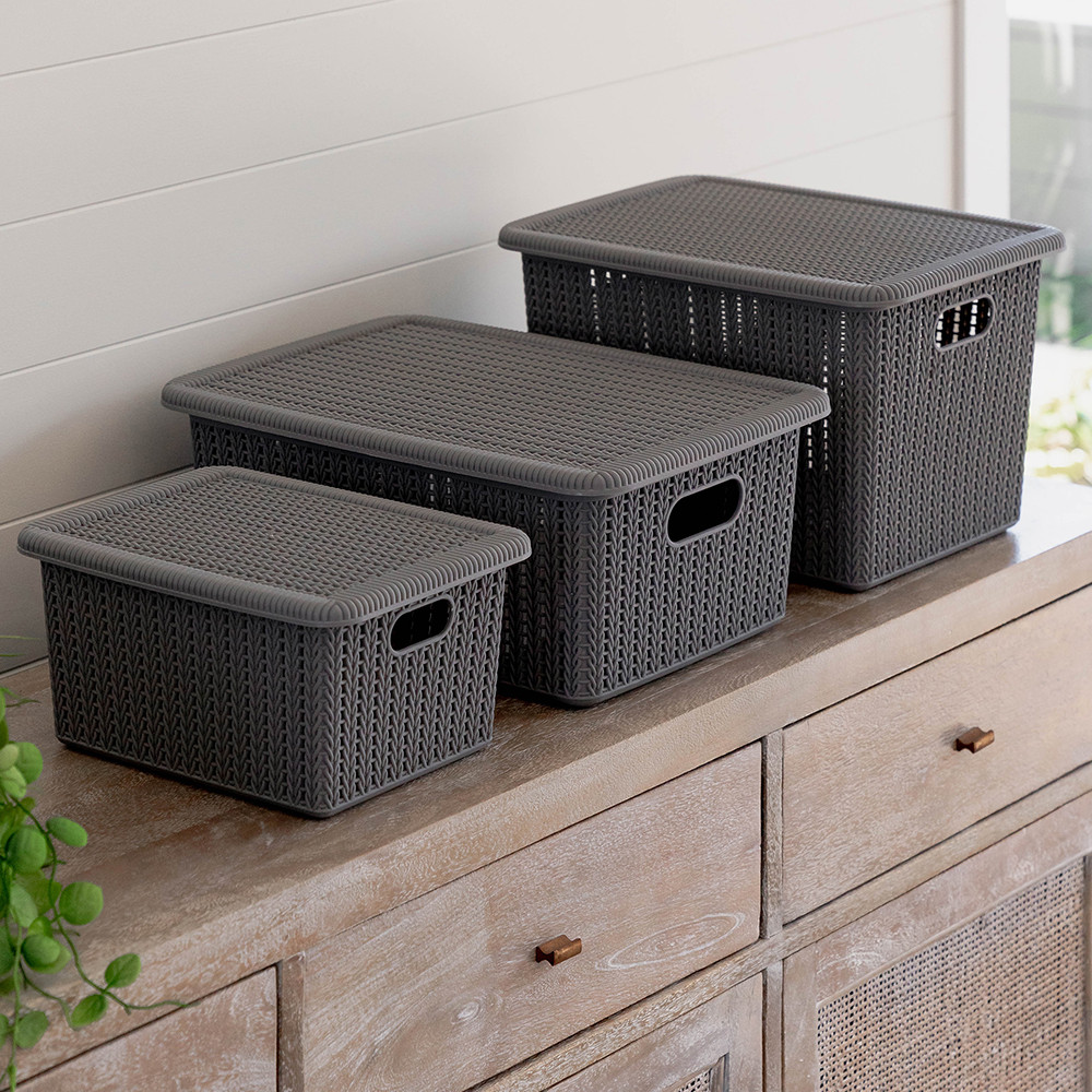 Knit Pattern Basket with Lid 5L White Howards Storage World