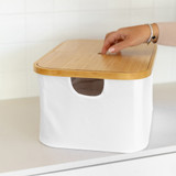 Medium Fabric Linen Laundry Basket with Bamboo Lid - White