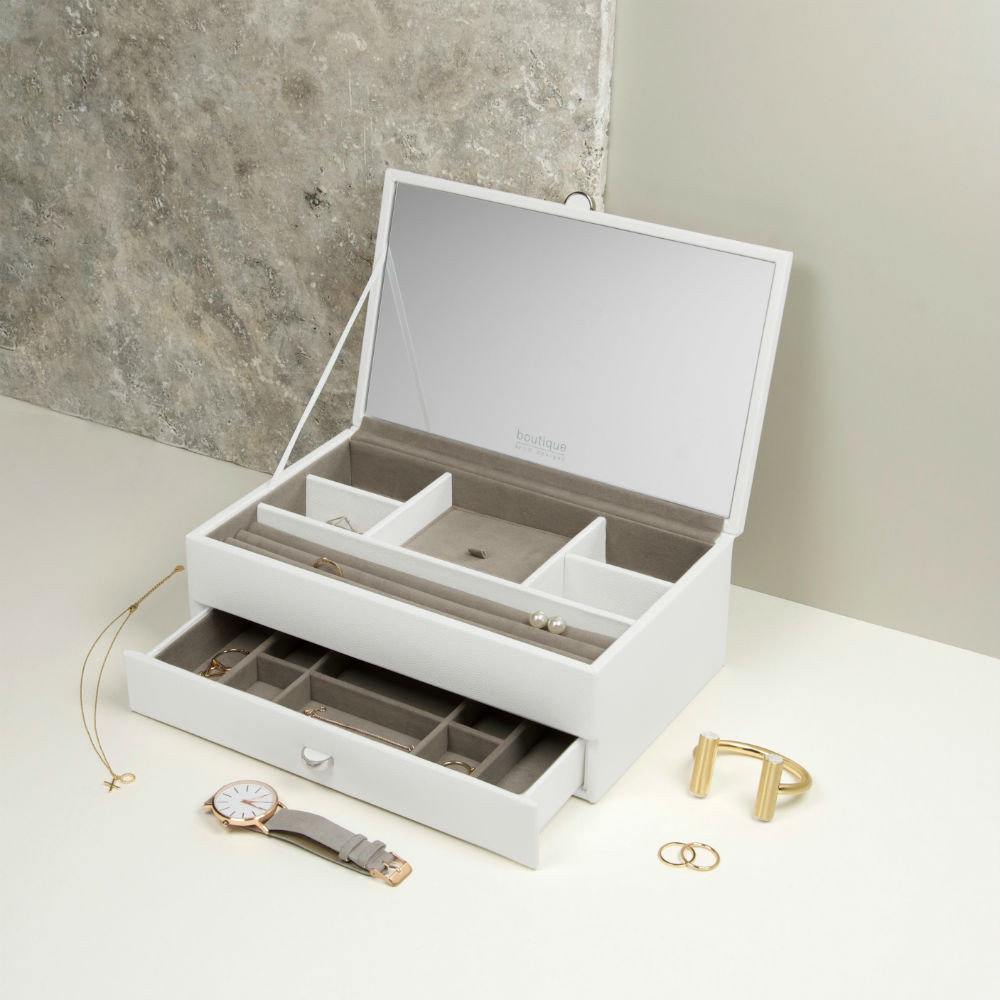 Jewellery Box with Mirrored Lid Medium White Howards Storage World
