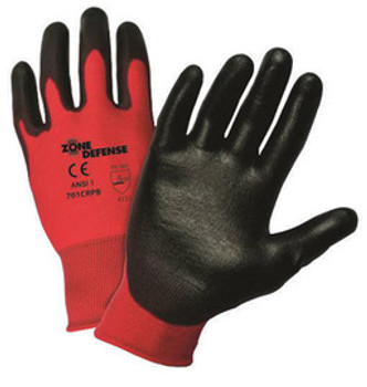 West Chester Medium Zone Defense Cut And Abrasion Resistant Black Polyurethane Dipped Palm Coated Work Gloves With Red Nylon Liner And Elastic Knit Wrist