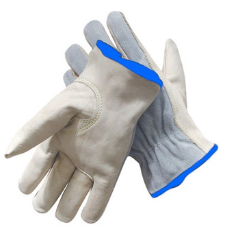 Radnor® X-Large Grain Palm Split Cowhide Back Leather Unlined Drivers Gloves With Keystone Thumb, Slip-On Cuff, Blue Hem And Shirred Elastic Back