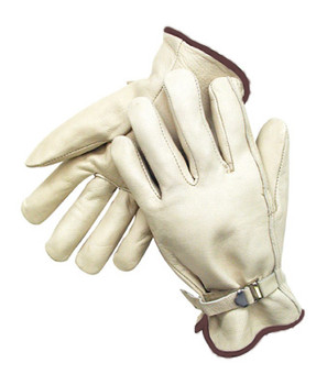 Radnor® Large Grain Cowhide Unlined Drivers Gloves With Straight Thumb, Wrist Strap Cuff And Brown Hem