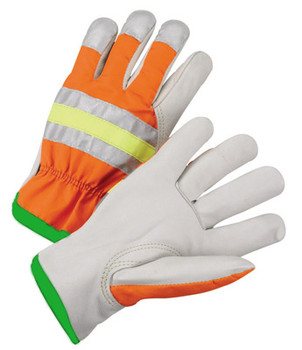 Radnor® Medium Gray And Hi-Viz Orange Grain Cowhide Unlined Drivers Gloves With Keystone Thumb, Slip-On Cuff And Green Hem