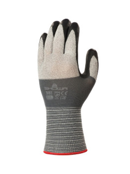 SHOWA Size 9 381 19 Gauge Abrasion Resistant Black Microporous Foam Nitrile Palm And Finger Coated Work Glove With Gray Polyester And Spandex Microfibre Liner And Knit Wrist