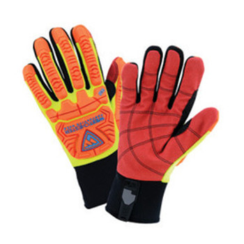 West Chester Medium Hi-Viz Yellow, Hi-Viz Orange, Hi-Viz Red, And Black R2 Evolution RigCat 2 Synthetic Leather Cut Resistant Gloves With Neoprene Cuff, PVC Coated Palm, Kevlar® Reinforced Thumb Saddle, Reinforced Thermoplastic Fingertips, Hand And Knuckel Guards, And Form Fitting Spandex Back