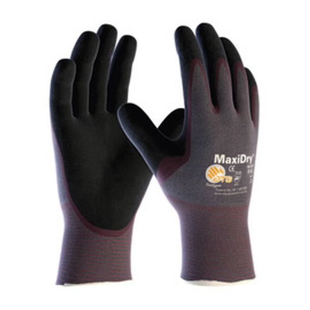 Protective Industrial Products® Large MaxiDry® by ATG® Ultra Light Weight Abrasion Resistant Black Nitrile Palm And Fingertip Coated Work Gloves With Purple Seamless Knit Nylon Liner And Continuous Knit Cuff