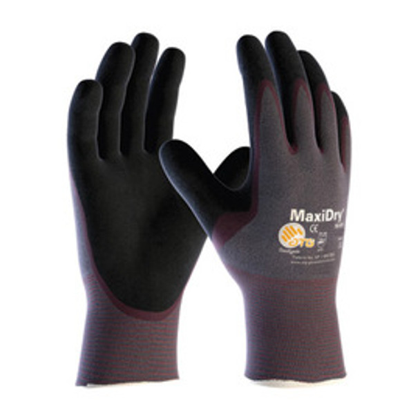 Protective Industrial Products® Medium MaxiDry® by ATG® Ultra Light Weight Abrasion Resistant Black Nitrile Palm And Fingertip Coated Work Gloves With Purple Seamless Knit Nylon Liner And Continuous Knit Cuff
