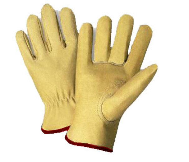 Radnor® Small Grain Pigskin Unlined Gunn Cut Drivers Gloves With Straight Thumb, Slip-On Cuff, Red Hem And Shirred Elastic Back