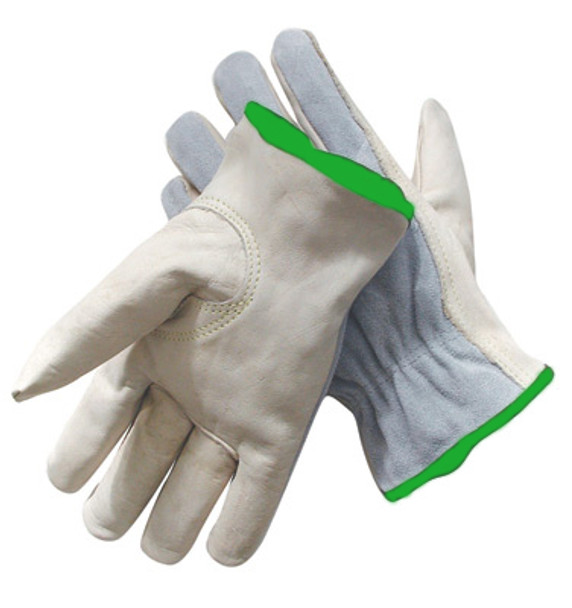 Radnor® Medium Grain Palm Split Cowhide Back Leather Unlined Drivers Gloves With Keystone Thumb, Slip-On Cuff, Green Hem And Shirred Elastic Back