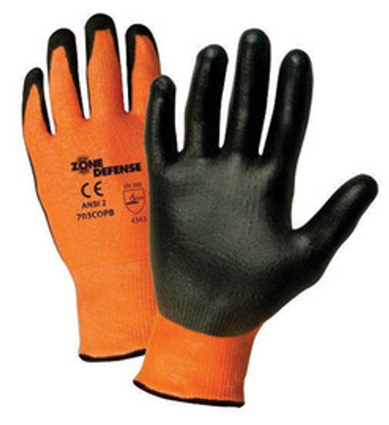 West Chester Medium Zone Defense Cut And Abrasion Resistant Orange HPPE Black Polyurethane Dipped Palm Coated Work Gloves With Orange High Performance Polyethylene Liner And Elastic Knit Wrist