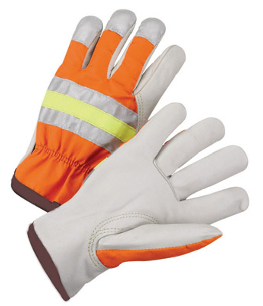 Radnor® Large Gray And Hi-Viz Orange Grain Cowhide Unlined Drivers Gloves With Keystone Thumb, Slip-On Cuff And Brown Hem