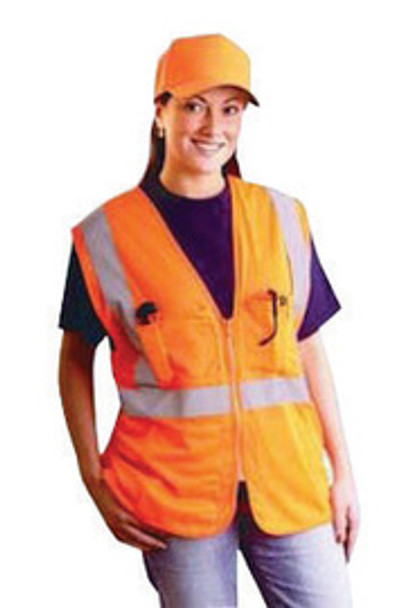 OccuNomix Small - Medium Hi-Viz Orange OccuLux® Classic Economy Light Weight Polyester Mesh Class 2 Surveyor's Vest With Front Zipper Closure And 3M Scotchlite 2" Silver Reflective Tape And 12 Pockets