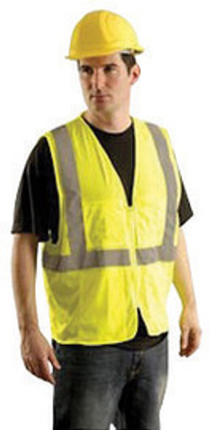 OccuNomix Small - Medium Hi-Viz Yellow OccuLux® Classic Economy Light Weight Polyester Mesh Class 2 Surveyor's Vest With Front Zipper Closure And 3M Scotchlite 2" Silver Reflective Tape And 12 Pockets