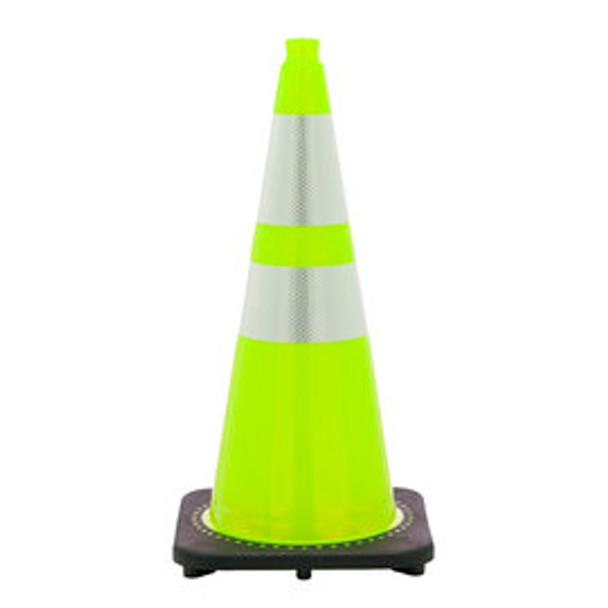 28" Lime Traffic Cone With Black Base And 6" 3M Reflective Collar PVC 1-Piece