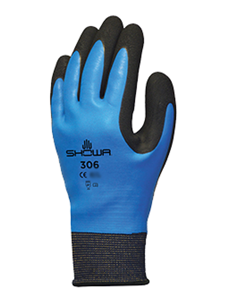 SHOWA Size 8 306 13 Gauge Black Dual Foam Latex Fully Dipped Coated Worked Glove With Seamless Blue Knit Nylon And Polyester Liner And Knit Wrist
