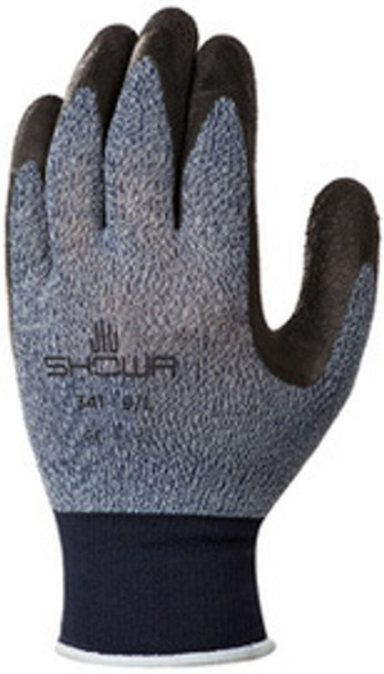 SHOWA Size 7 Atlas 13 Gauge Black Latex Palm And Fingertip Coated Work Gloves With Blue And Gray Nylon Liner And Knit Wrist
