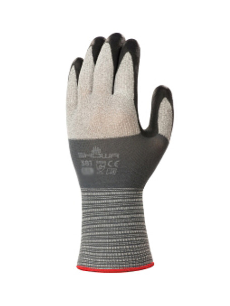 SHOWA Size 8 381 19 Gauge Abrasion Resistant Black Microporous Foam Nitrile Palm And Finger Coated Work Glove With Gray Polyester And Spandex Microfibre Liner And Knit Wrist