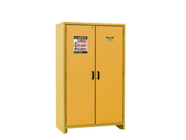 Justrite® 45 Gallon Yellow Steel EN Fammable Safety Cabinet With (3) Adjustable Shelves And (2) Self-Closing Doors