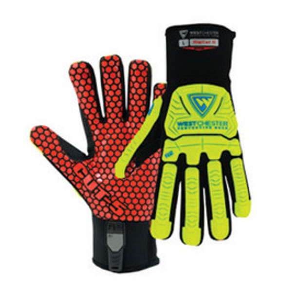 West Chester X-Large Hi-Viz Yellow, Hi-Viz Red, And Black R2 Evolution RigCat 5 Silicone Cut Resistant Gloves With Neoprene Cuff, Armortex® Palm Backing, Kevlar® Reinforced Thumb Saddle, Reinforced Thermoplastic Fingertips, Hand And Knuckel Guards, And Form Fitting Spandex Back