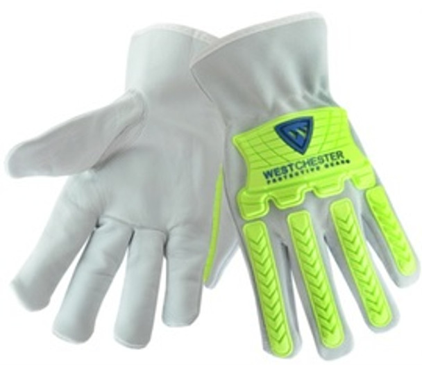 West Chester Medium White And Hi-Viz Green Premium Grain Cowhide Unlined Drivers Glove