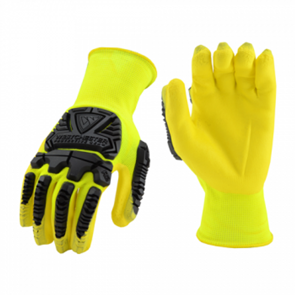 West Chester 2X 13 Gauge Hi-Viz Yellow Foam Nitrile Palm And Finger Coated Work Glove With Hi-Viz Yellow Seamless Knit Nylon Liner, Knit Wrist And 7 mm Back Of The Hand TPR Impact Protection