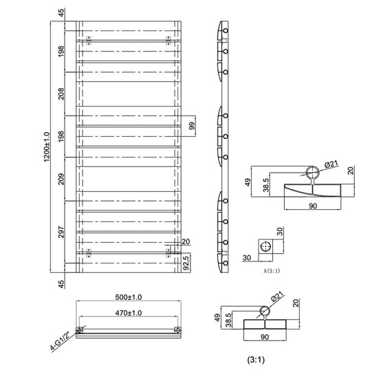 Hampden Anthracite Grey Towel Radiator 1200 x 500mm