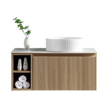 Flauto Country Oak Wall Hung Vanity With Right Side Storage and Sintered Stone Counter Top - 800mm (TIS4406)