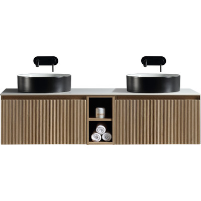  Flauto Country Oak Wall Hung Double Vanity With Storage Box and Sintered Stone Counter Top -1400mm (TIS4414)