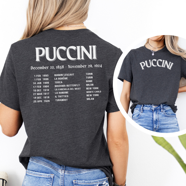 Puccini design includes Puccini's birth and death dates plus premier dates for his most popular operas. A perfect gift for Puccini fans!