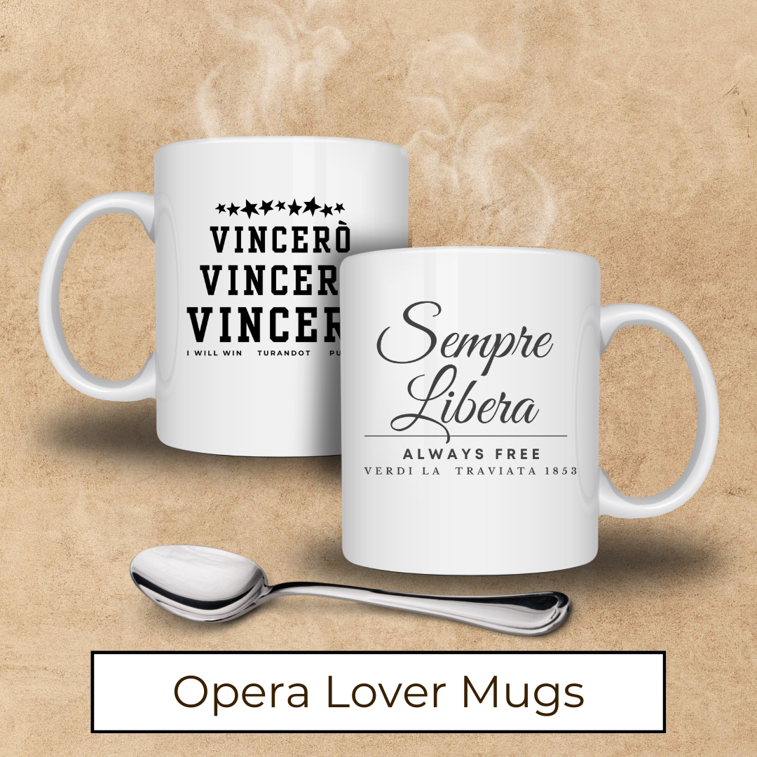Coffee mug with opera phrases make great gifts for opera lovers