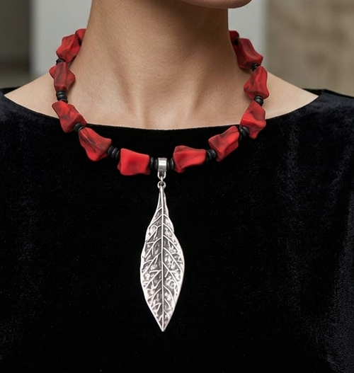 Bold Red Stone Necklace with Silver Leaf Pendant Set
