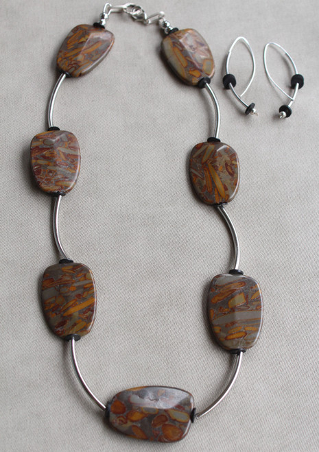 Jasper & Silver Architectural Collar Necklace & Minimalist Drop Earring Set