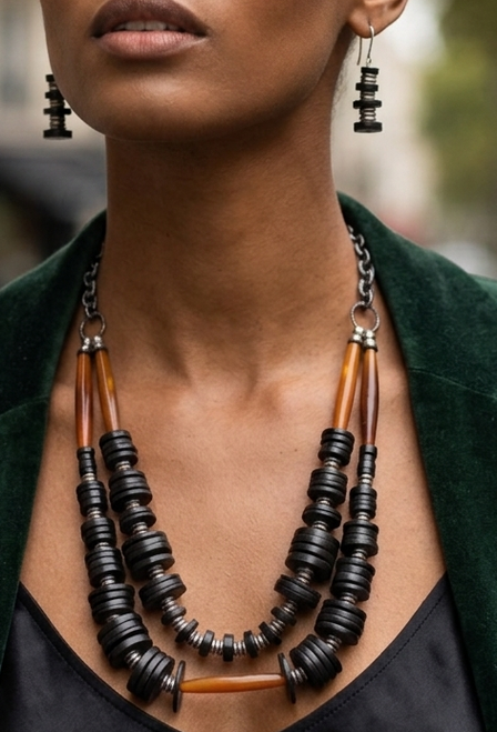Obsidian Arc Two-Strand Necklace & Earring Set