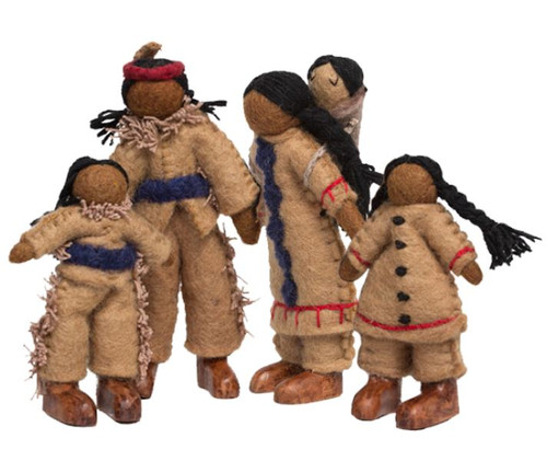 A family of 5 dolls, mother wears the papoose on her back.